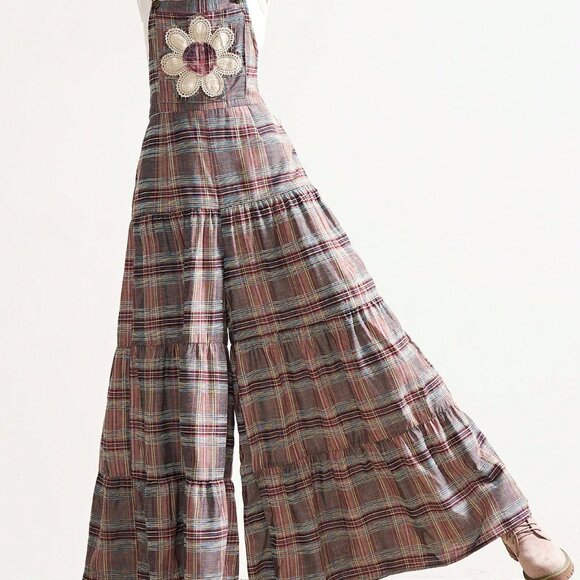 Multicolor Western Women's Vacation Wide-Leg Plaid Patchwork Jumpsuit